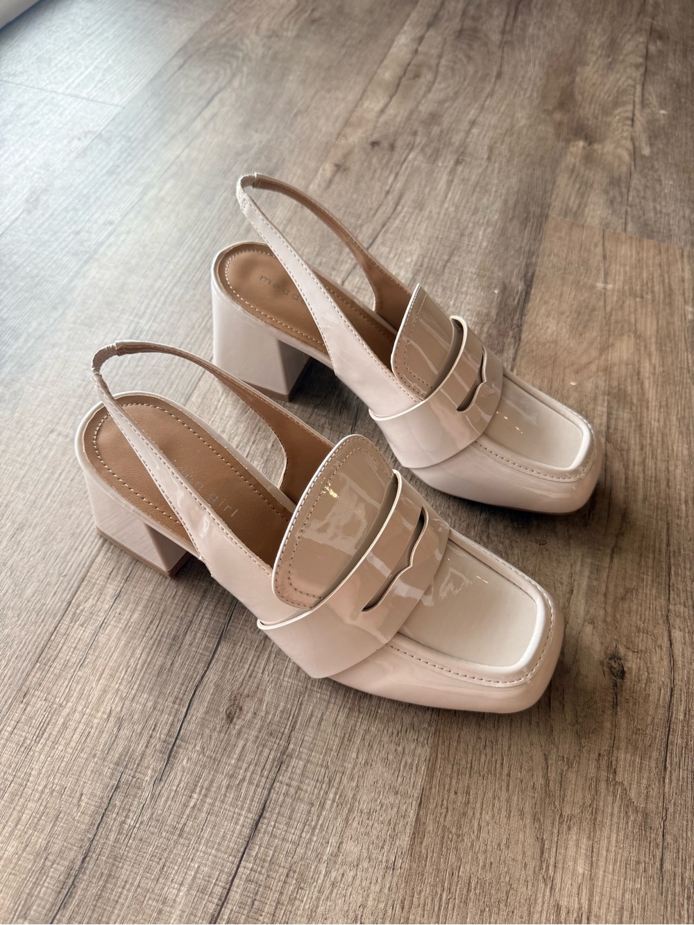 Madden Girl Women's Nude Patent Slingback Block Heel Loafers